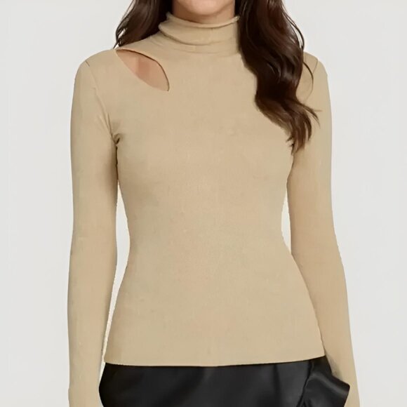 Rachel Roy Cut Out Sweater Fitted Ribbed Gold Metallic S NWT - Picture 4 of 9
